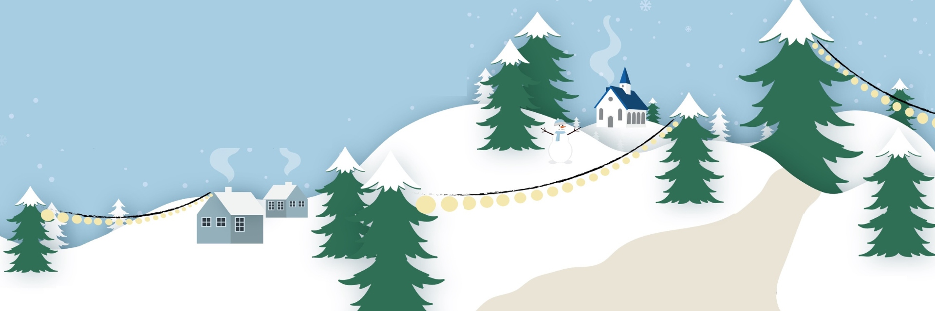 Illustratie van Schoorl in de winter, met besneeuwde bomen, besneeuwde huisjes, een sneeuwpop en het Klimduin